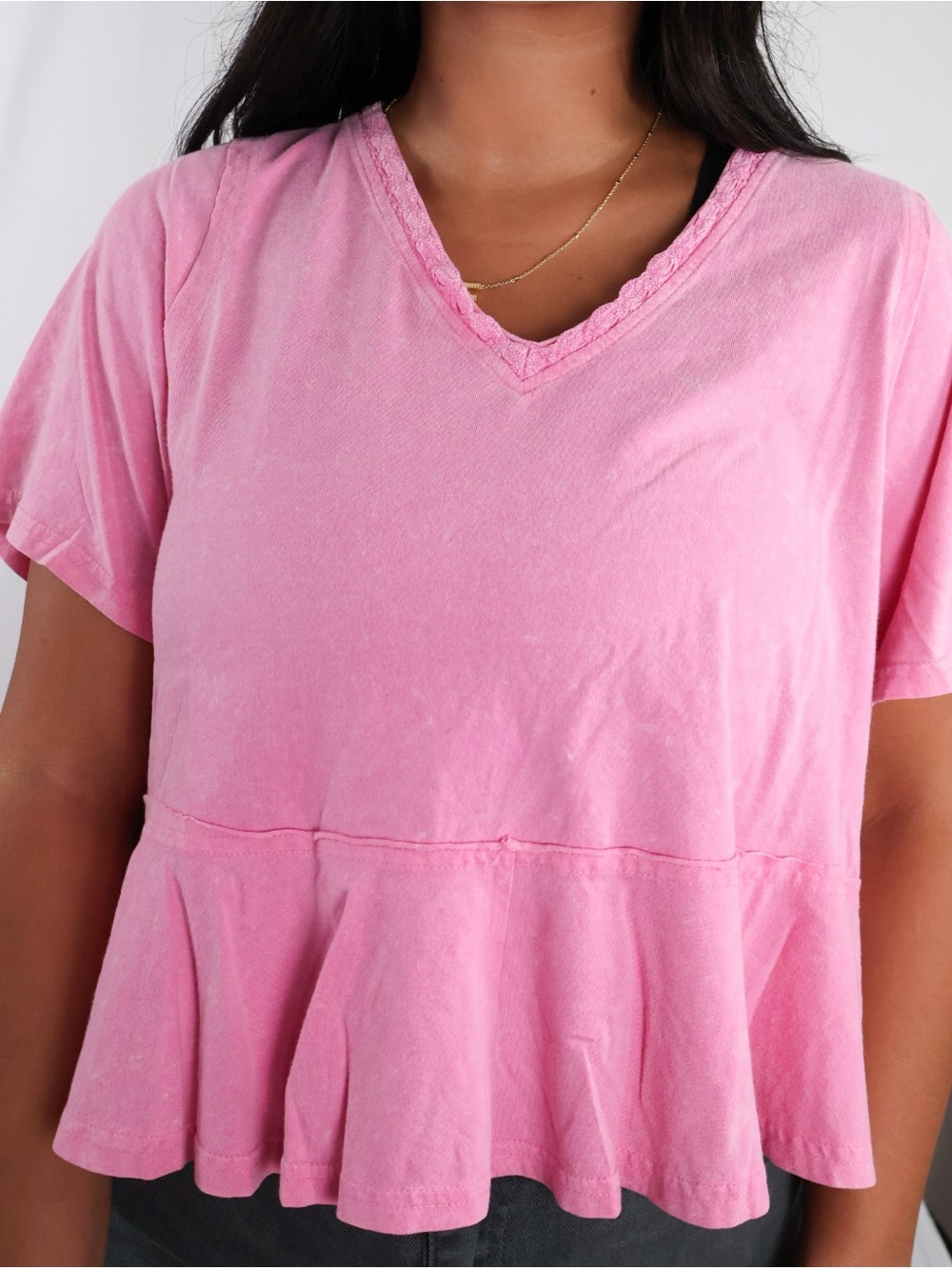 Pink V-Neck Peplum Tee - Women's Top